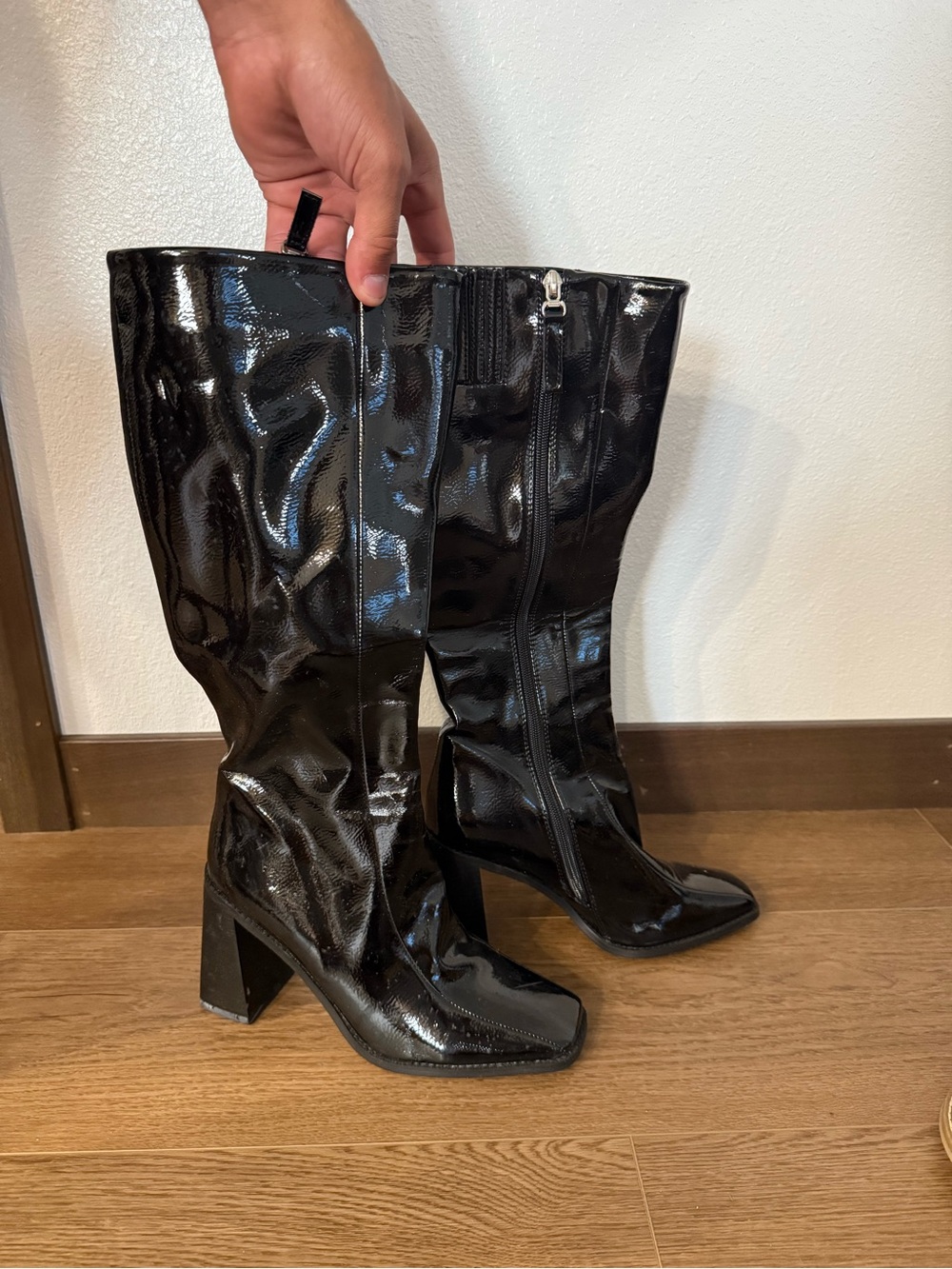 Princess Polly Black Patent Block Heel Boots